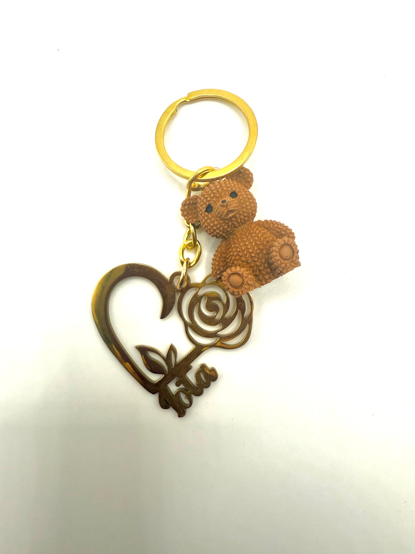 Iota Sweetheart Gold heart with rose & bear keychain