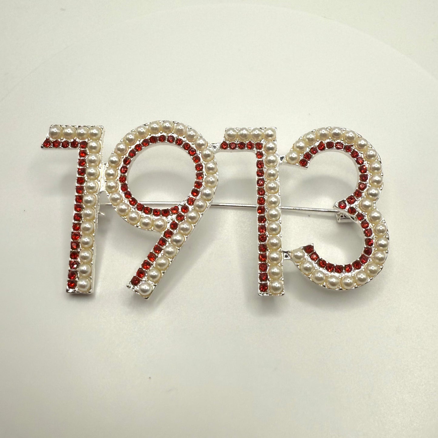 Delta Sigma Theta 1913 Pearl with Red Rhinestones Brooch
