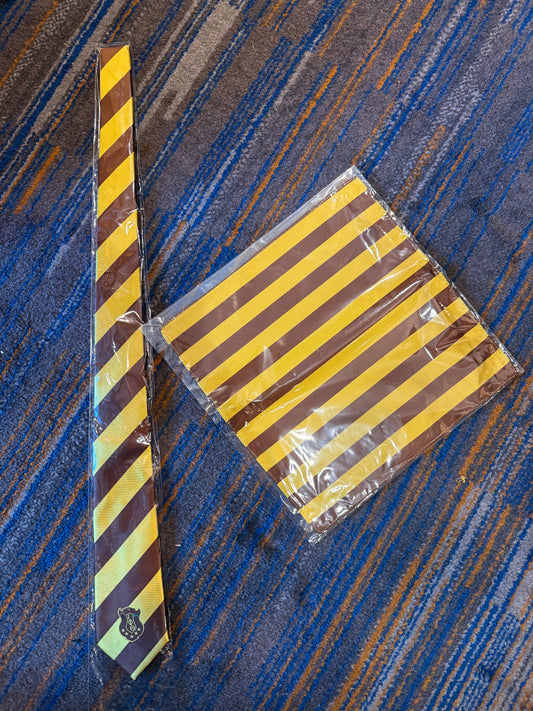 Brown & Gold Striped Embroidered Shield Tie & Hankerchief (Iota Phi Theta)
